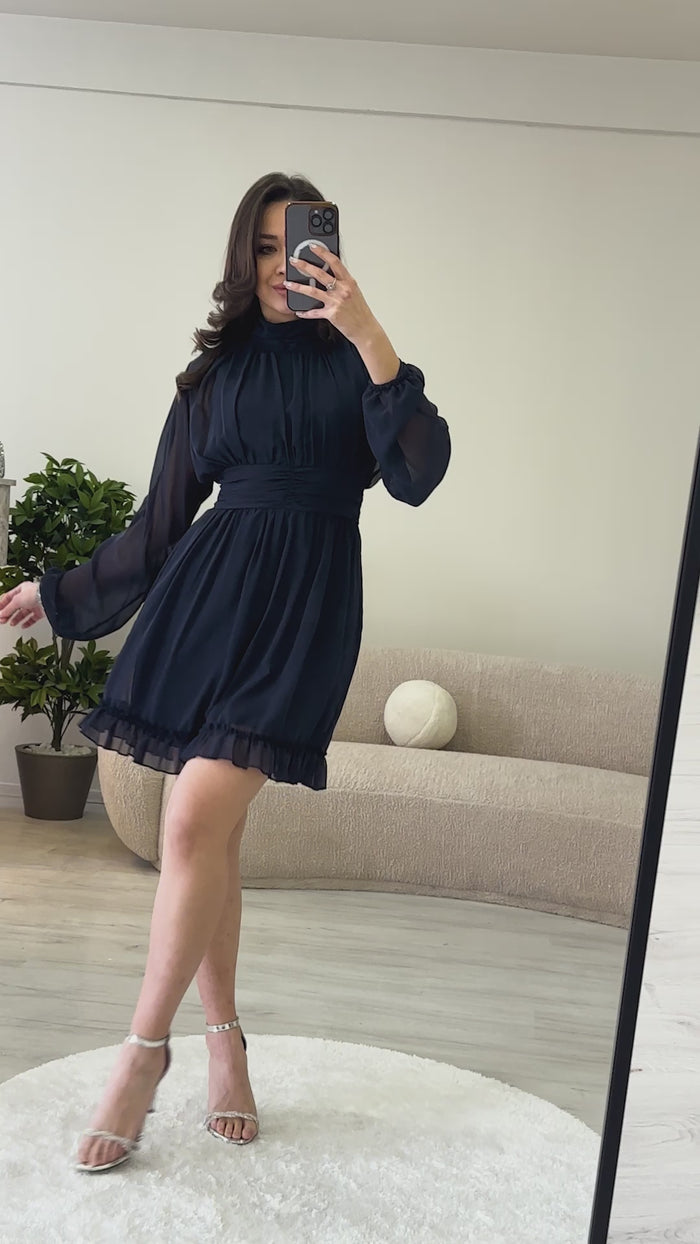 Kadın Lacivert Sırt Dekolte Etek Ucu Fırfırlı Mini Şifon Elbise