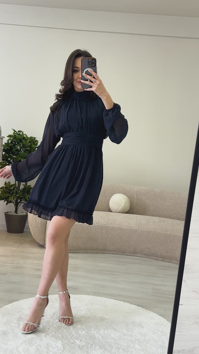 Kadın Lacivert Sırt Dekolte Etek Ucu Fırfırlı Mini Şifon Elbise