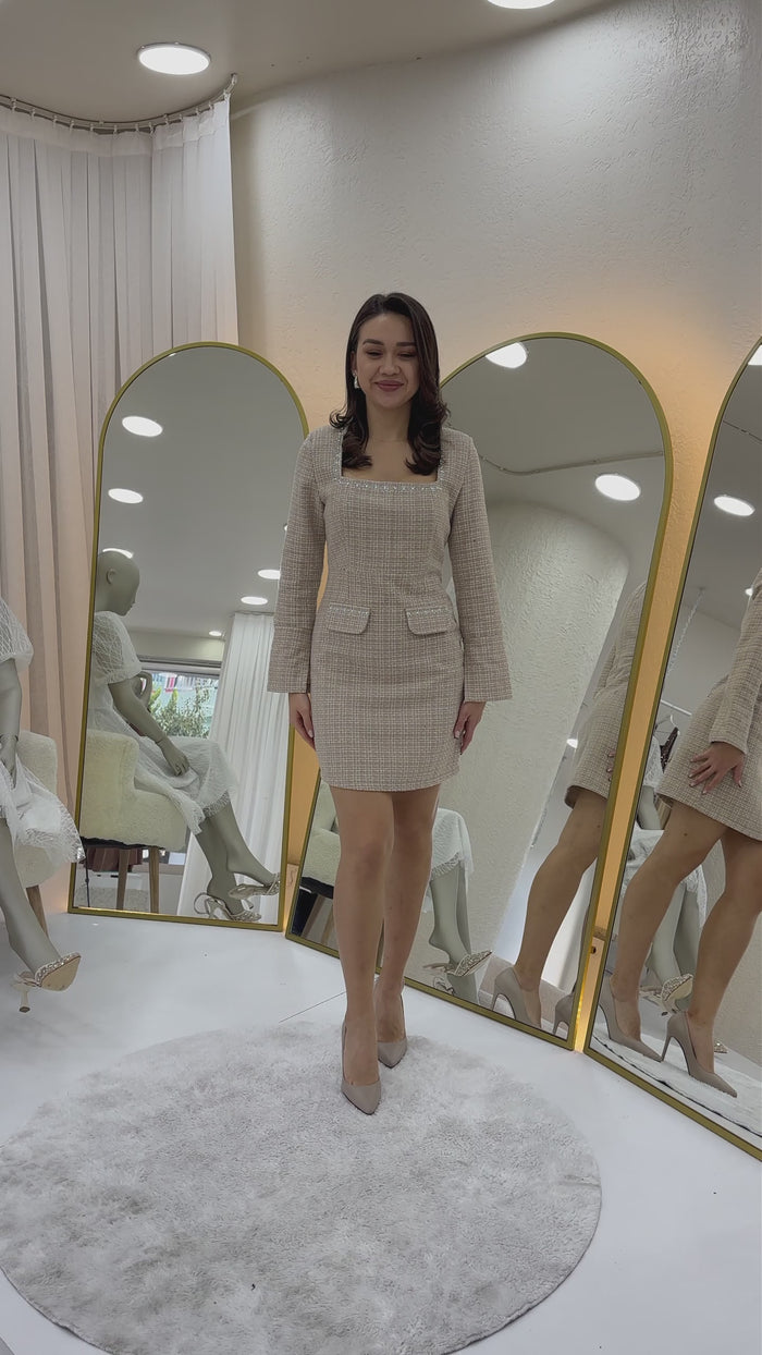 Kare Yaka Taş İşlemeli Tüvit Elbise