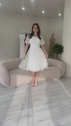 Beyaz Balon Kol Simli Kloş Midi Boy Abiye Elbise