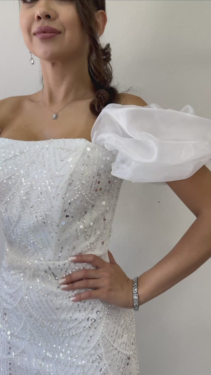 Balon Kol Payet İşlemeli Straplez Abiye Elbise