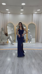 Lacivert Askılı Kruvaze Yaka Drapeli Taş Detaylı Simli Abiye Elbise