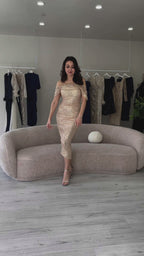 Gold Asimetrik Etek Düşük Omuz Midi Boy Pul Payet Abiye Elbise