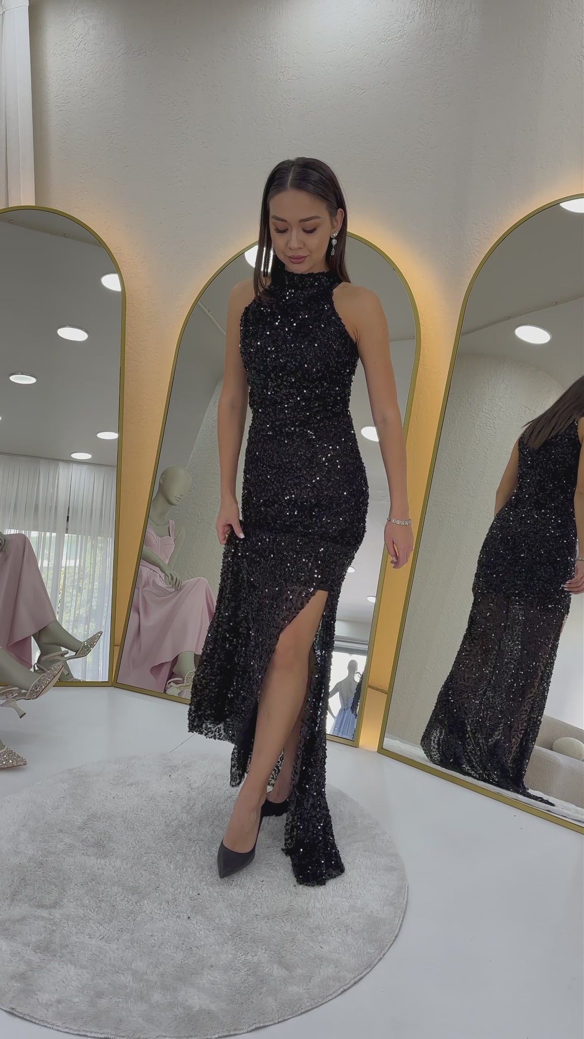 Halter Yaka Pul Payet Kuyruklu Abiye Elbise