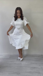 Balon Kol Taş Kemerli Midi Boy Saten Abiye Elbise