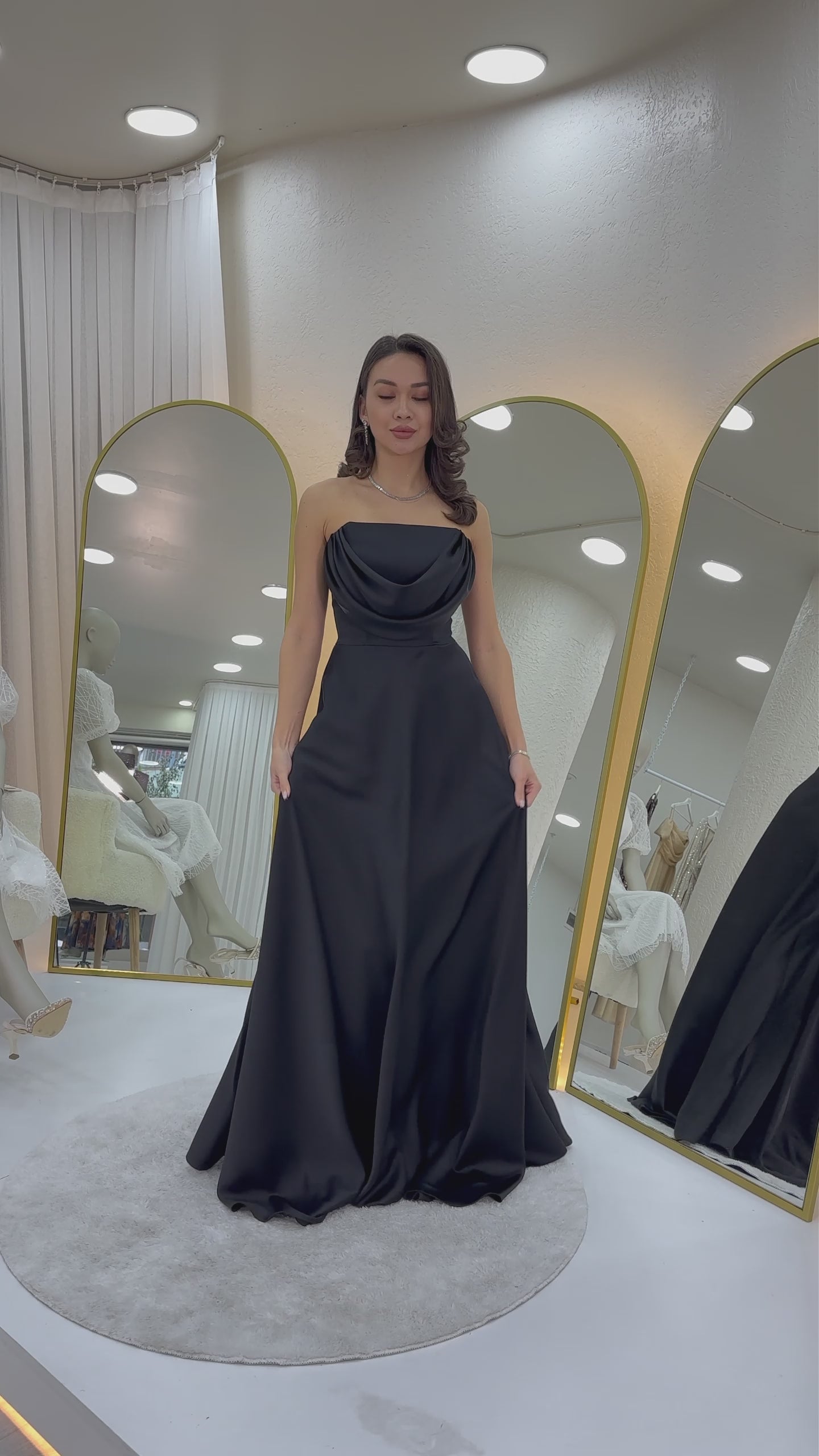 Straplez Saten Uzun Abiye Elbise