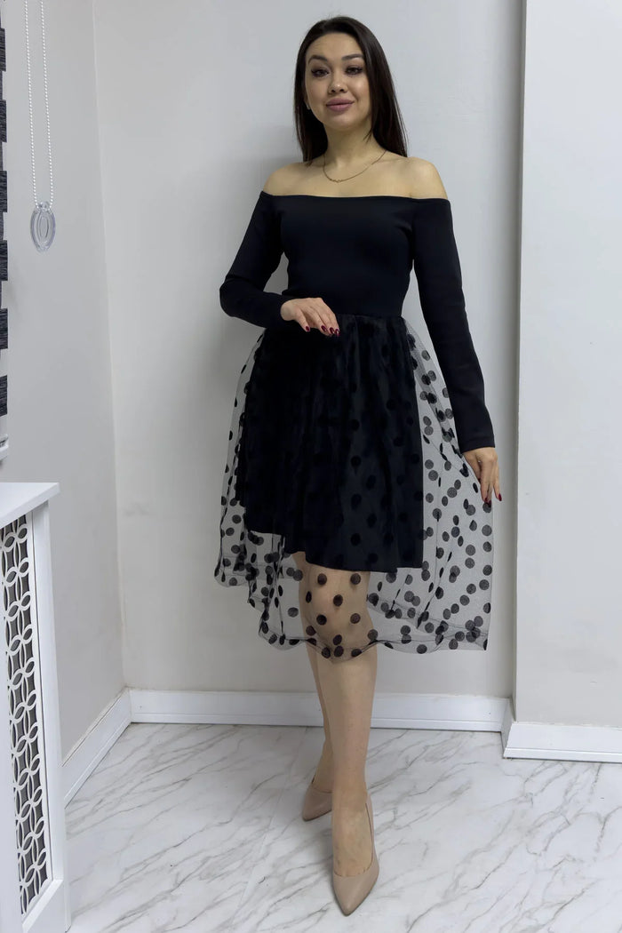 Siyah Carmen Yaka Puantiyeli Tütü Etek Elbise

