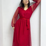 Kırmızı Puantiyeli Kuşaklı V Yaka Kloş Elbise