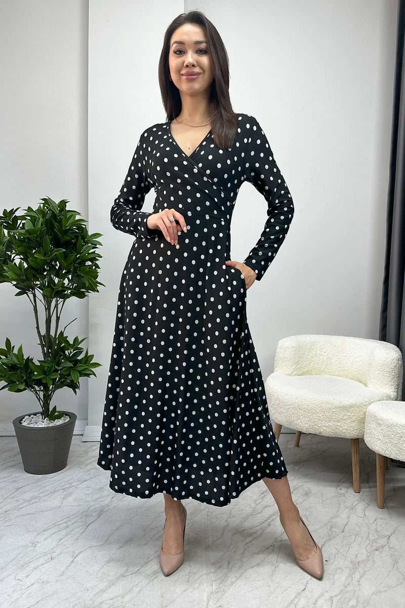 Siyah Puantiyeli Uzun Kollu Elbise