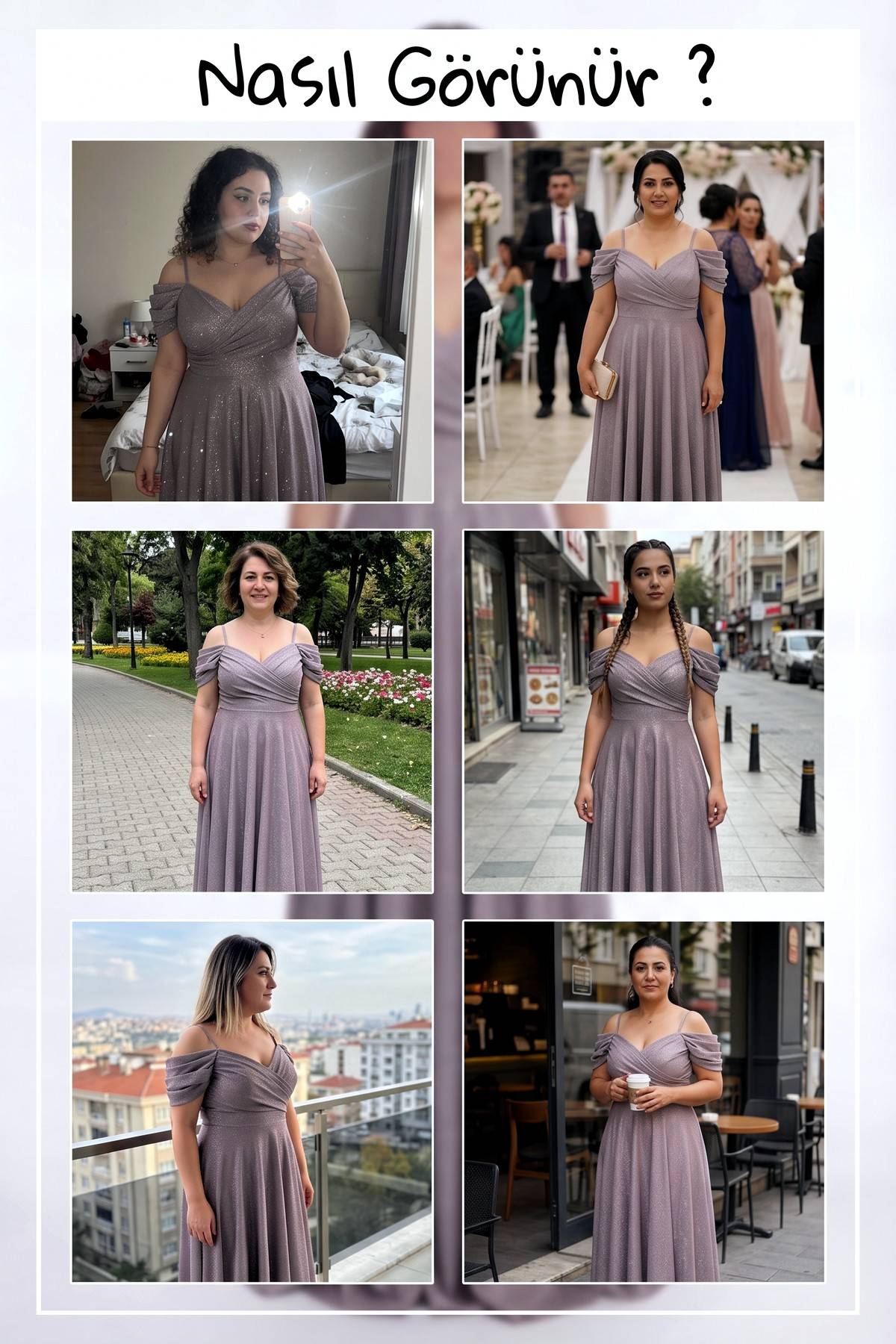 The ZKS pudra renk büyük beden simli abiye elbise, farklı mekanlarda giyim stili kolajı