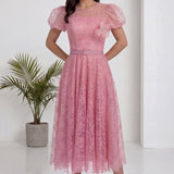 Pudra Dantel Balon Kol Midi Abiye Elbise