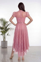 Pudra rengi The ZKS abiye elbise arka görünüm, yüksek yaka, balon kollu, fermuar detayı