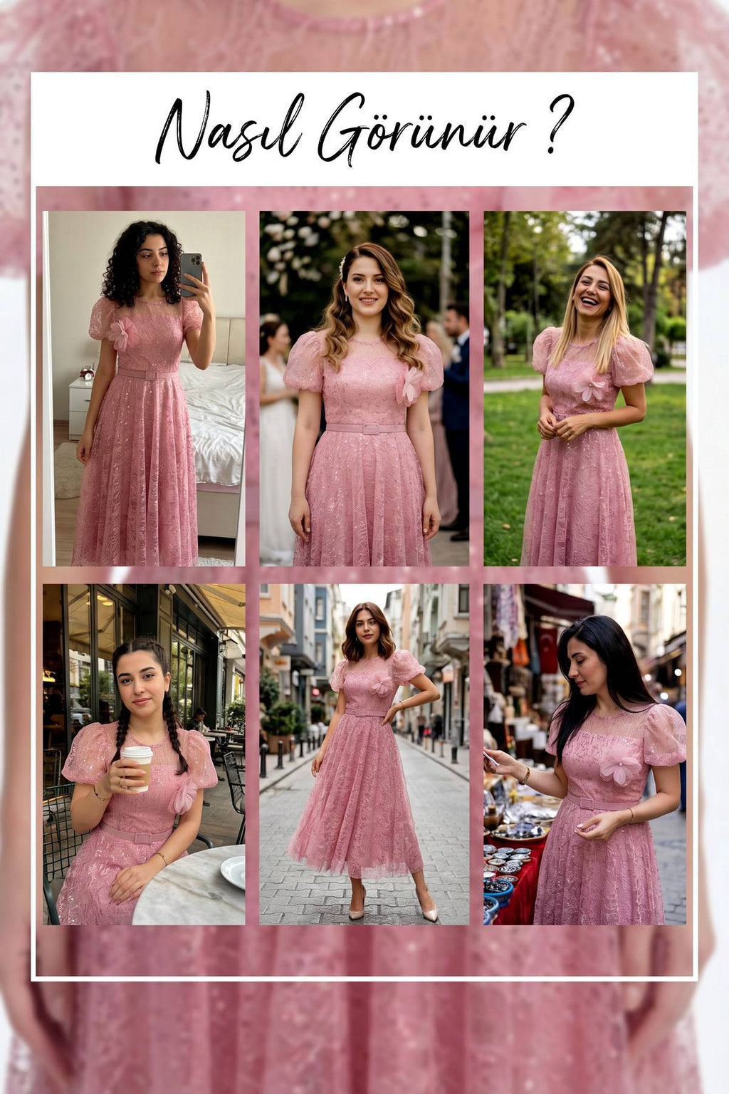 Pudra rengi The ZKS abiye elbise farklı kullanım önerileri, midi boy, balon kollu, çiçek aksesuarlı