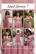 Pudra rengi The ZKS abiye elbise farklı kullanım önerileri, midi boy, balon kollu, çiçek aksesuarlı