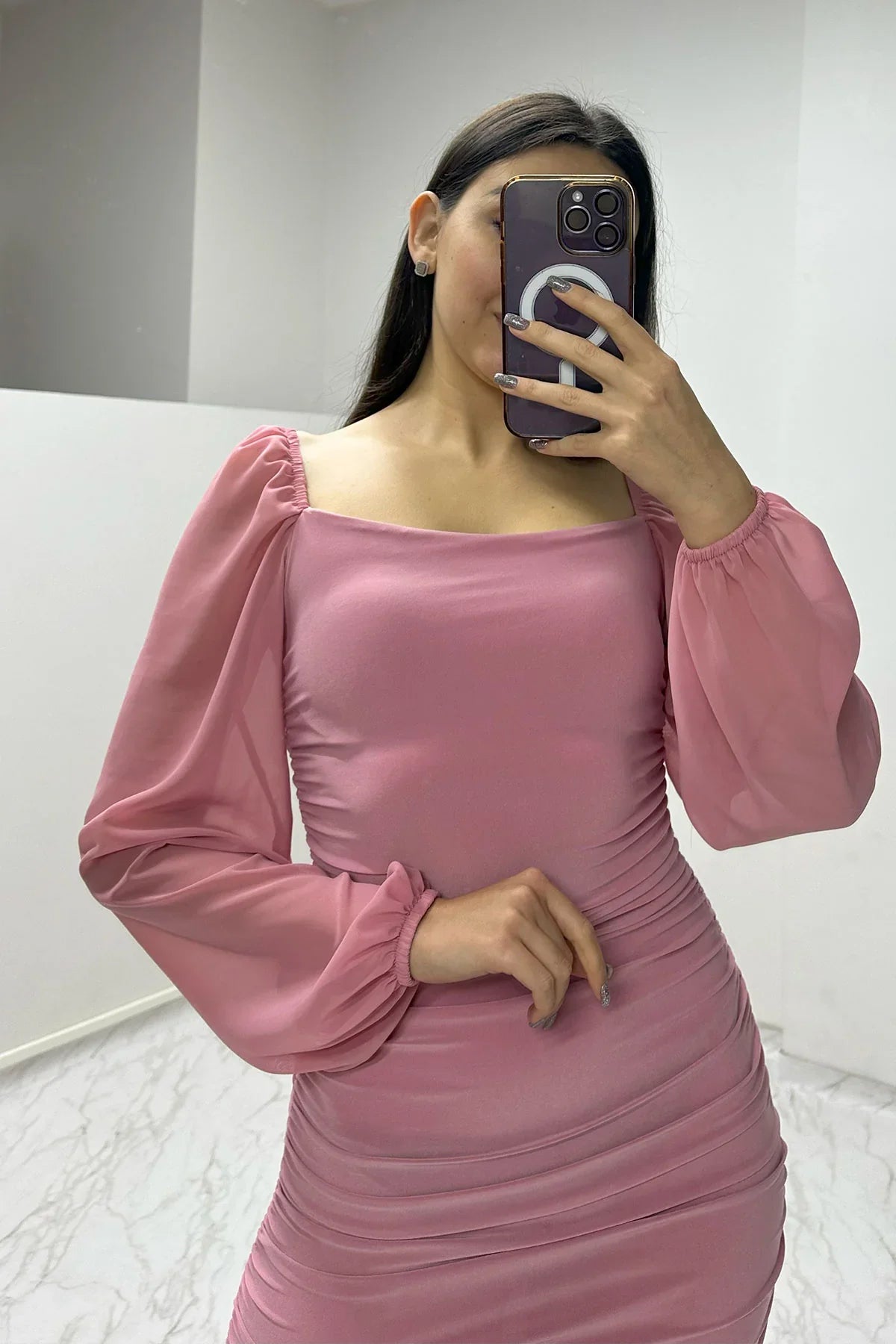 Pembe Kare Yaka Drapeli Elbise

