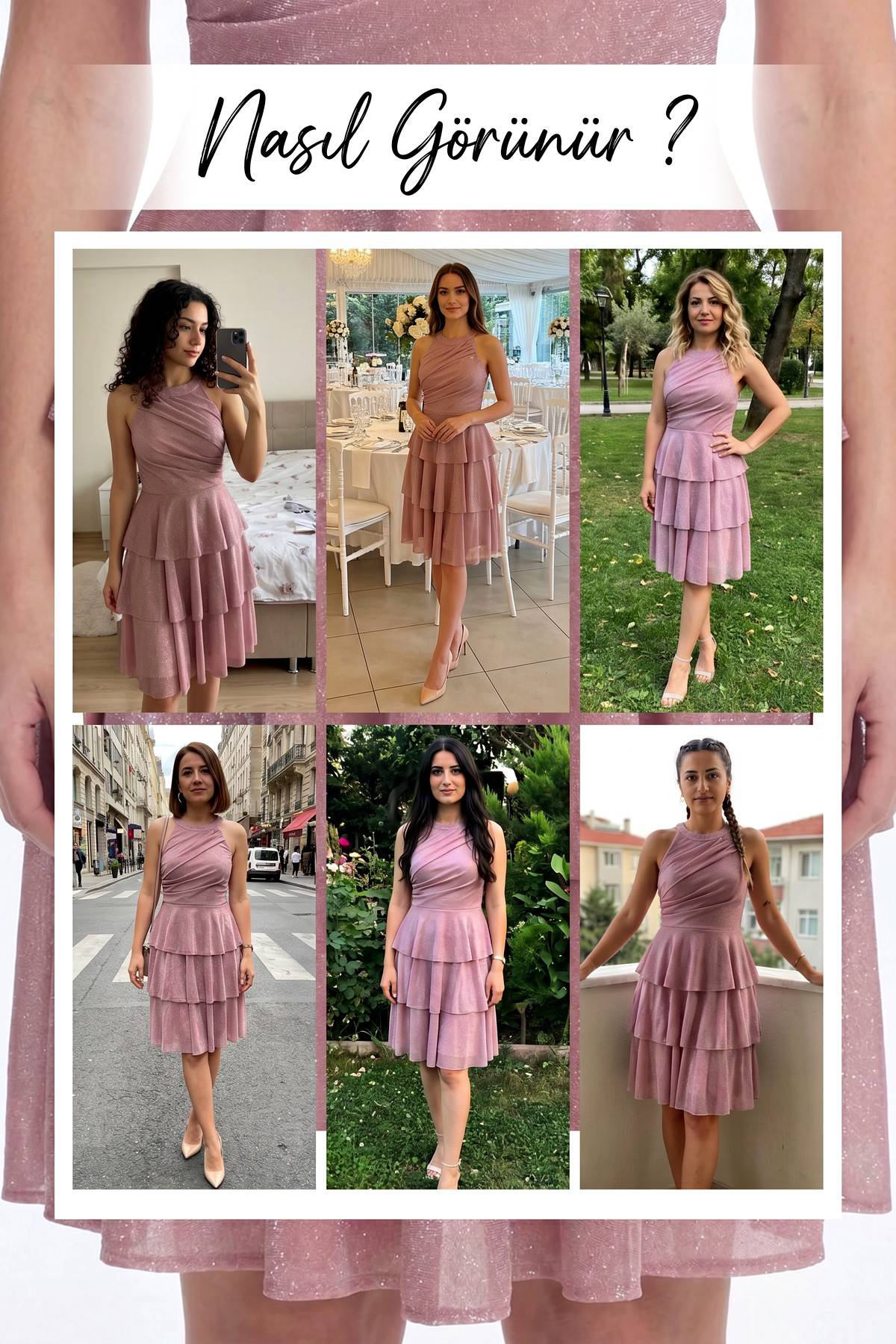 Farklı mekanlarda giyilen pudra halter yaka simli elbise kolajı