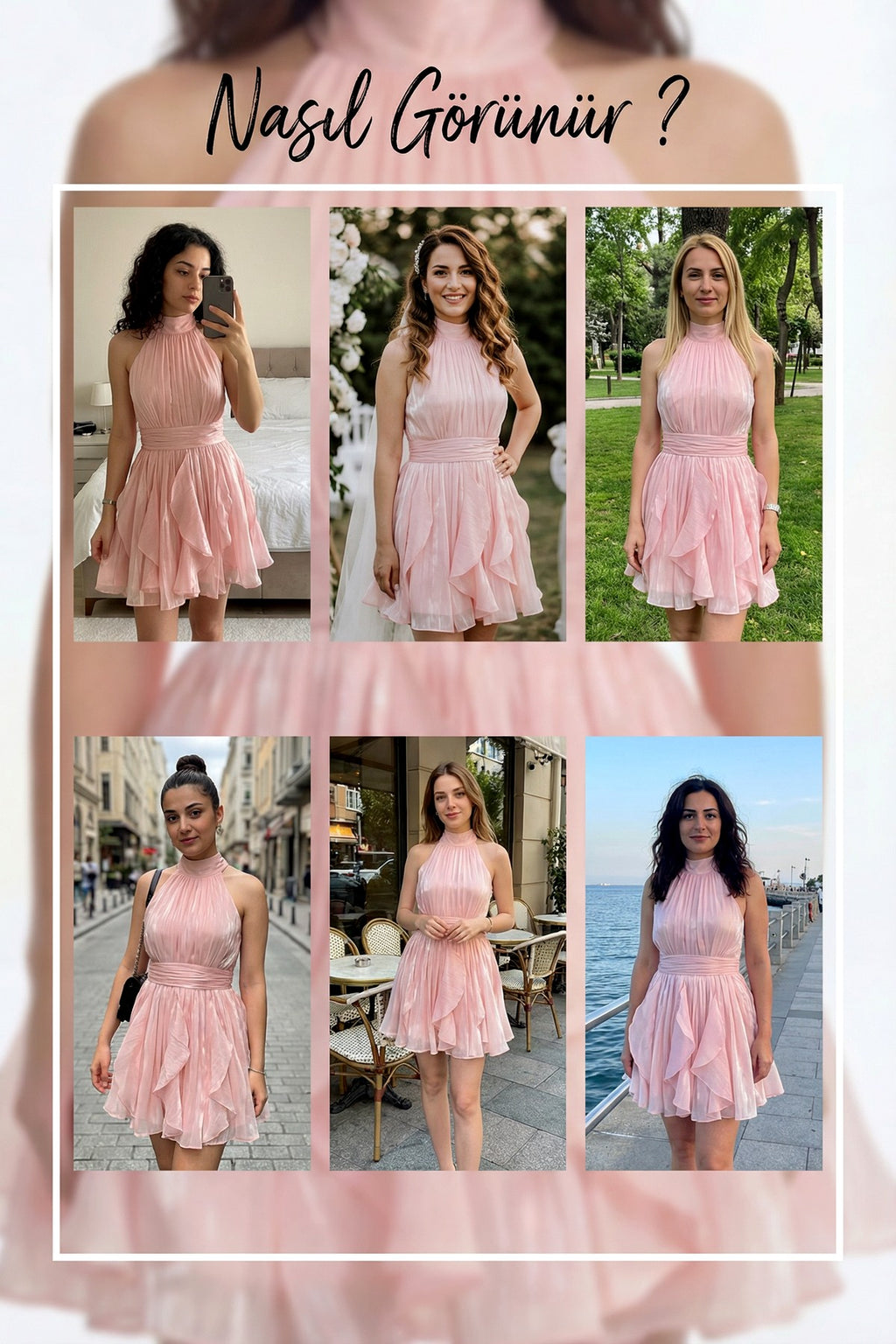 Pudra Halter Yaka Volanlı Şifon Elbise Denemeleri