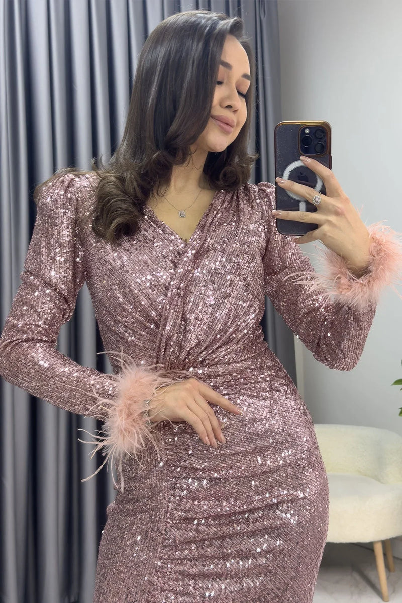 Pudra Kruvaze Yaka Otriş Detay Pul Payet Yırtmaçlı Balık Abiye Elbise - the ZKS