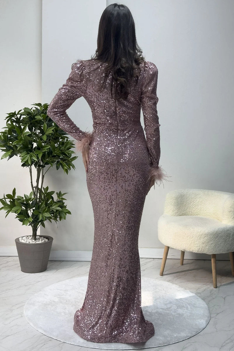 Pudra Kruvaze Yaka Otriş Detay Pul Payet Yırtmaçlı Balık Abiye Elbise - the ZKS