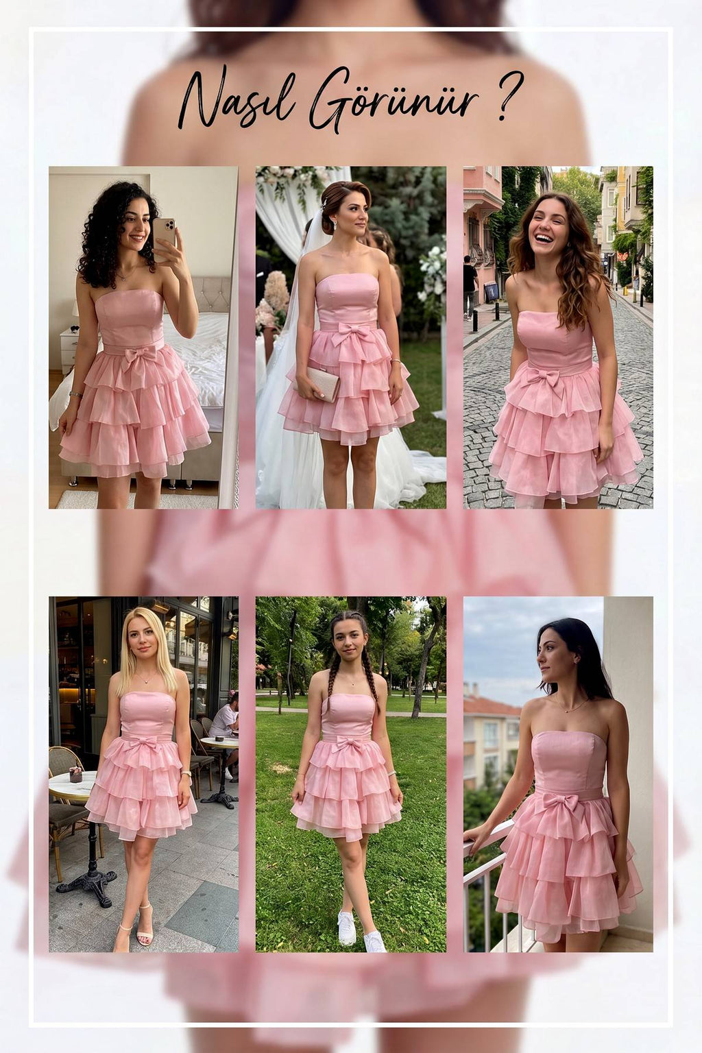Farklı mekanlarda giyilmiş pudra rengi straplez fiyonklu fırfırlı kısa abiye elbise kombinleri
