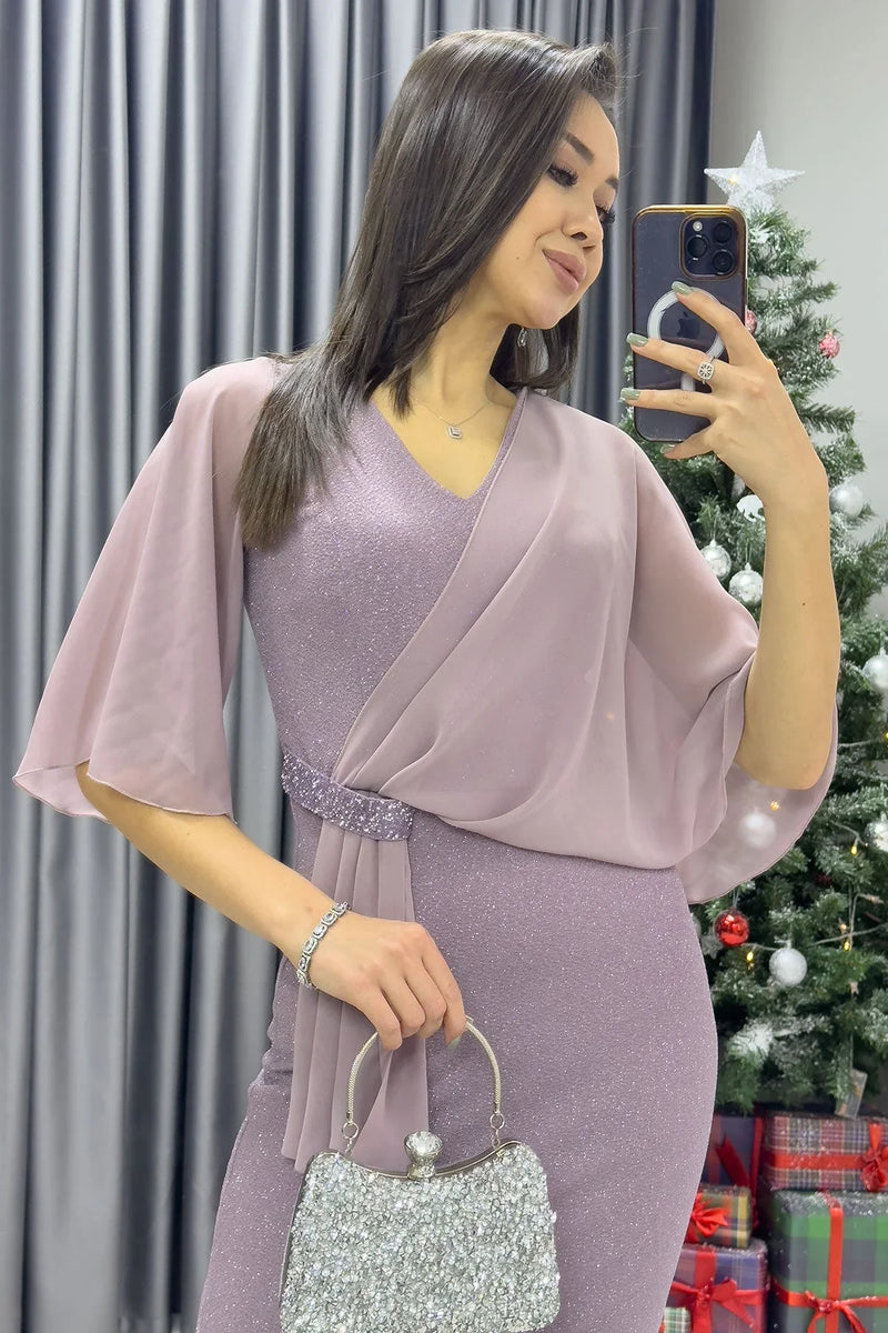 Pudra Taş Detaylı Volan Kol Simli Abiye Elbise - the ZKS