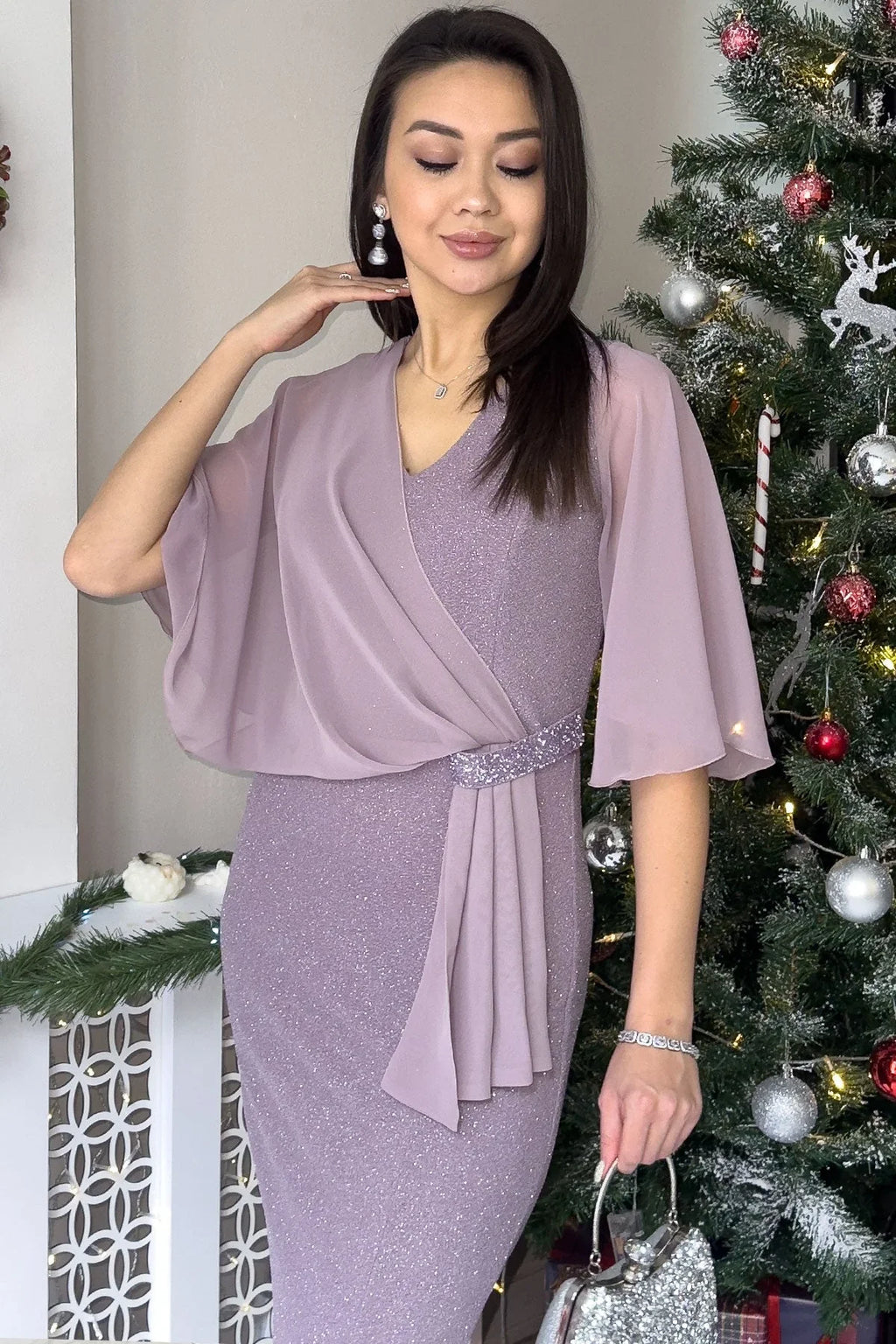 Pudra Taş Detaylı Volan Kol Simli Abiye Elbise - the ZKS