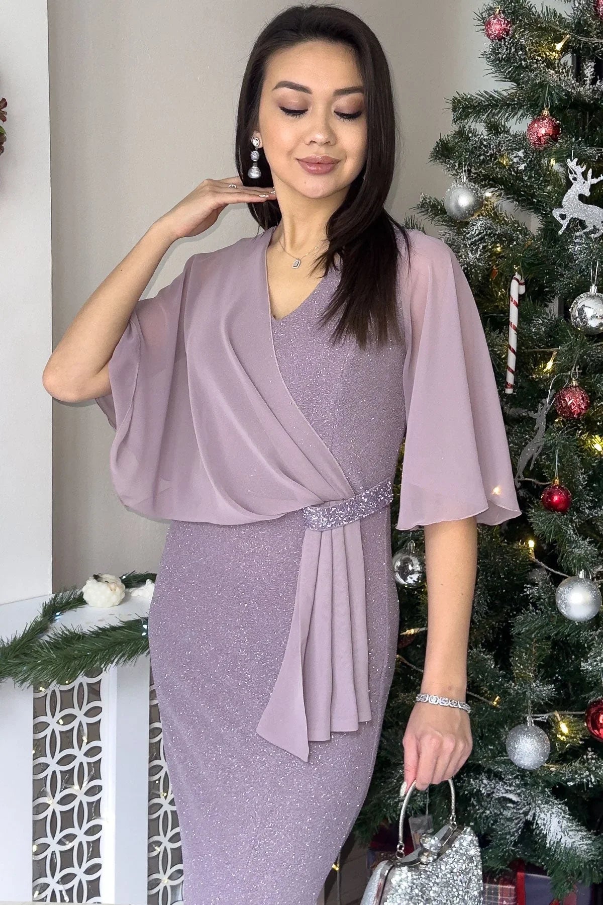 Pudra Taş Detaylı Volan Kol Simli Abiye Elbise - the ZKS