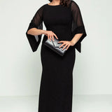 Siyah Kadın Büyük Beden Kolu Şifon Simli Abiye Elbise