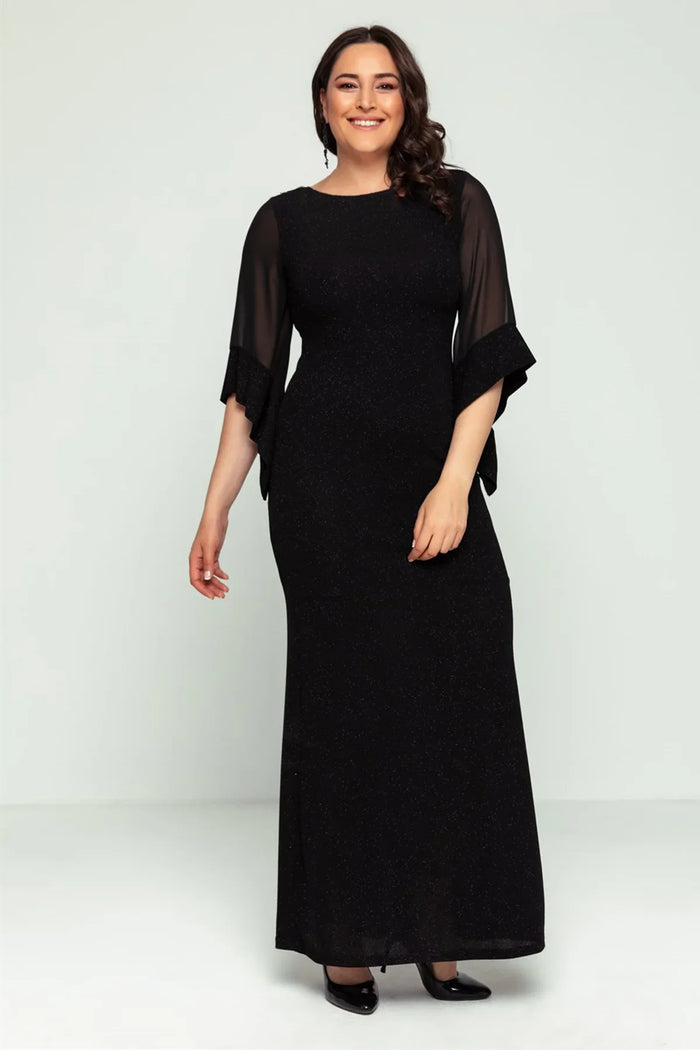 Siyah Kadın Büyük Beden Kolu Şifon Simli Abiye Elbise

