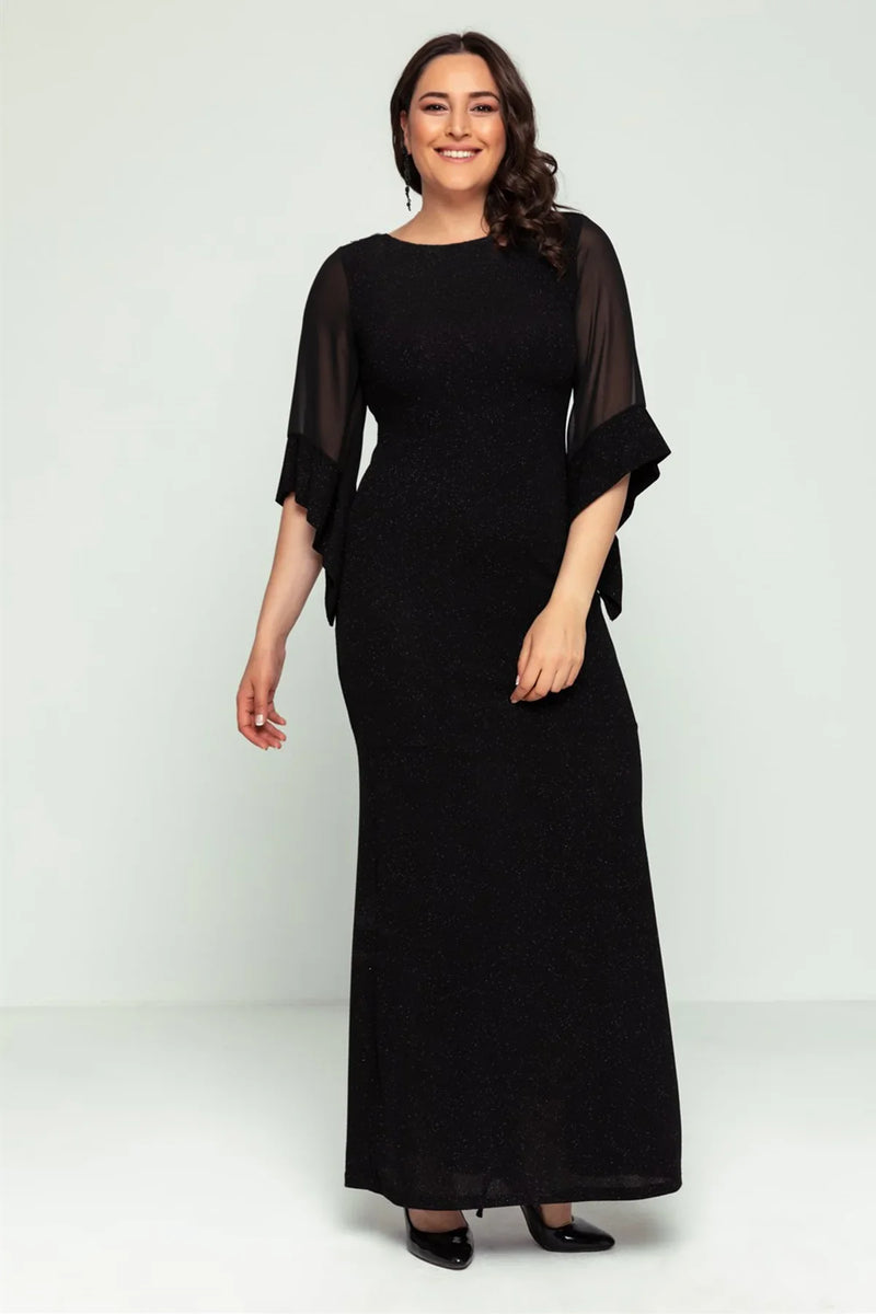 Siyah Kadın Büyük Beden Kolu Şifon Simli Abiye Elbise

