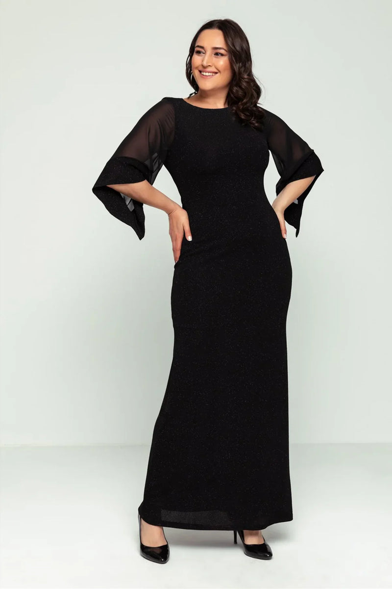 Siyah Kadın Büyük Beden Kolu Şifon Simli Abiye Elbise

