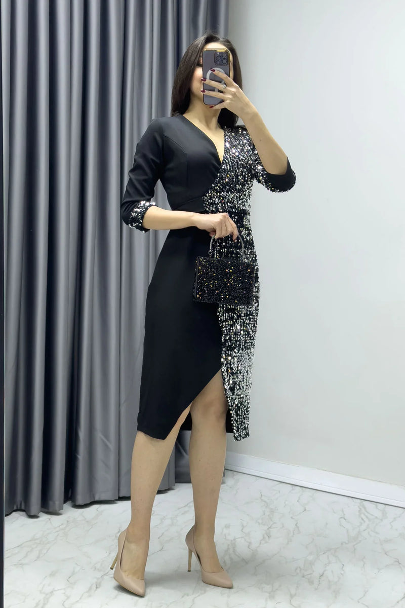 Kadın Siyah Anvelop Pul Payet Abiye Elbise

