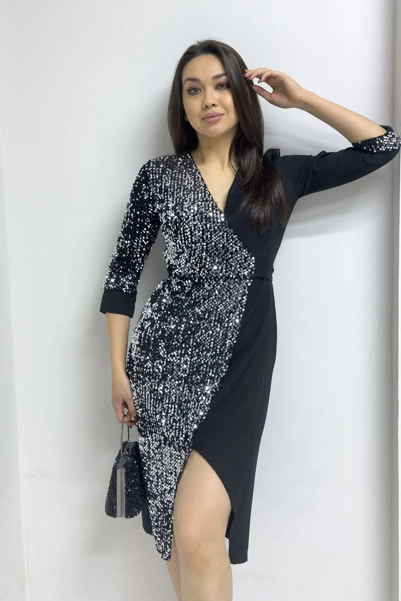 Kadın Siyah Anvelop Pul Payet Abiye Elbise

