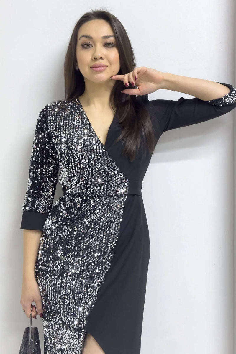 Kadın Siyah Anvelop Pul Payet Abiye Elbise

