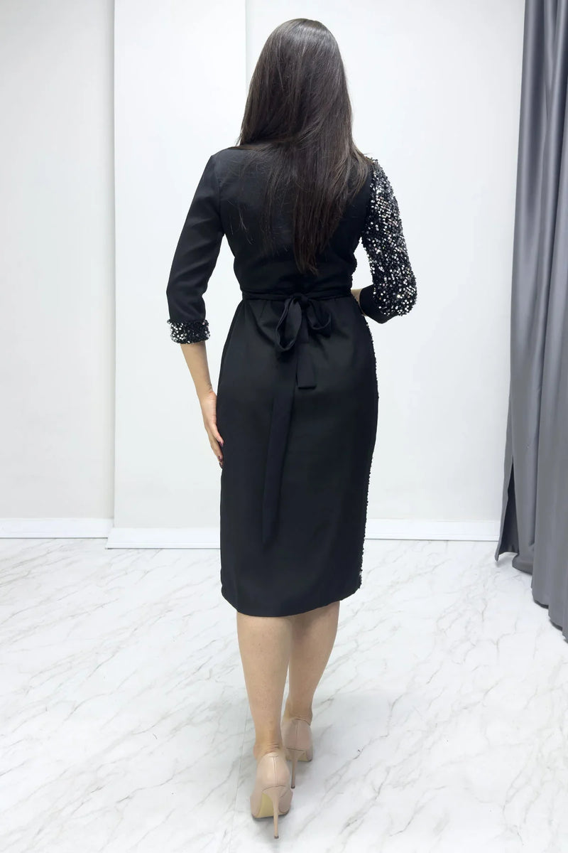 Kadın Siyah Anvelop Pul Payet Abiye Elbise

