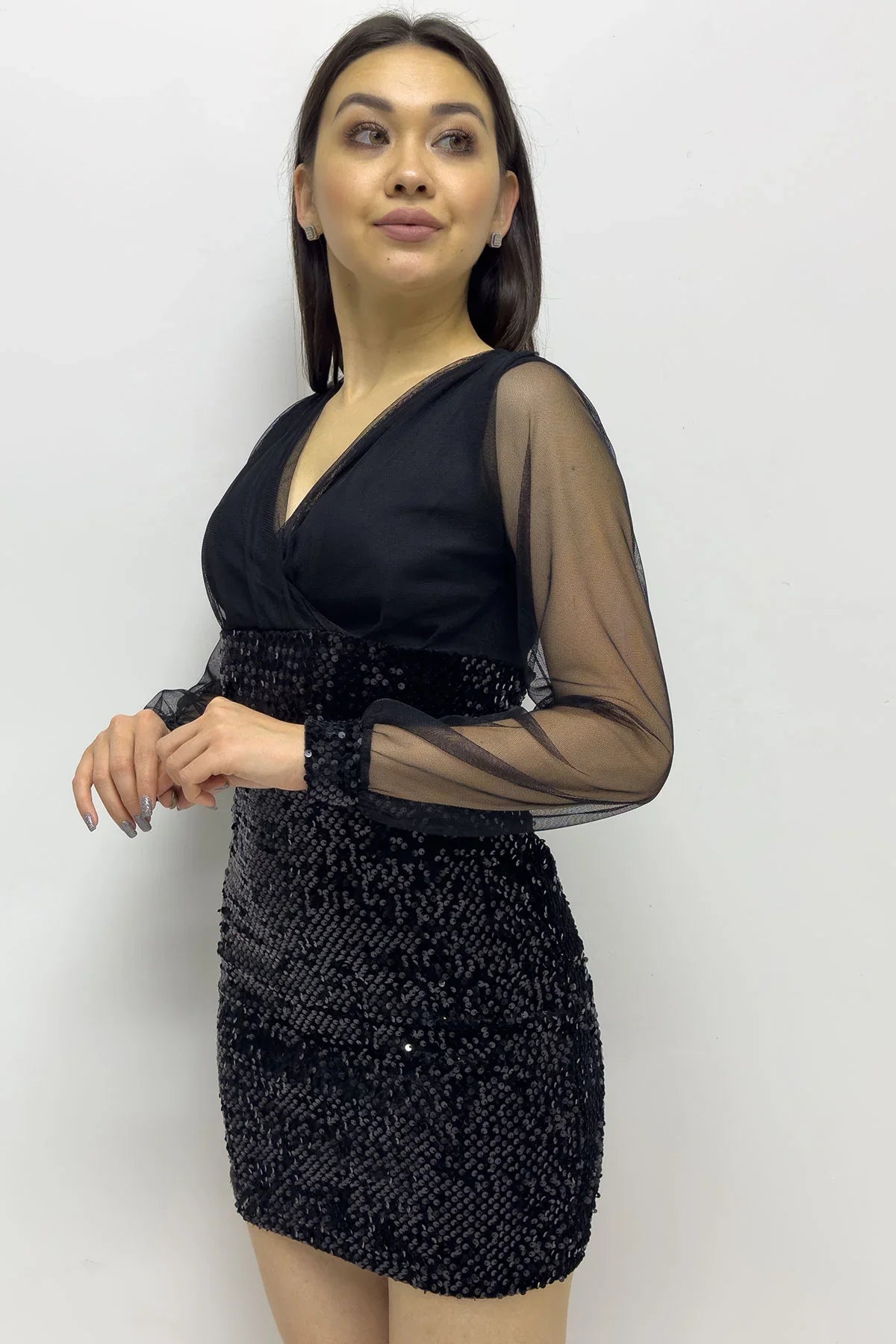 Siyah Kruvaze Yaka Payet Mini Abiye Elbise

