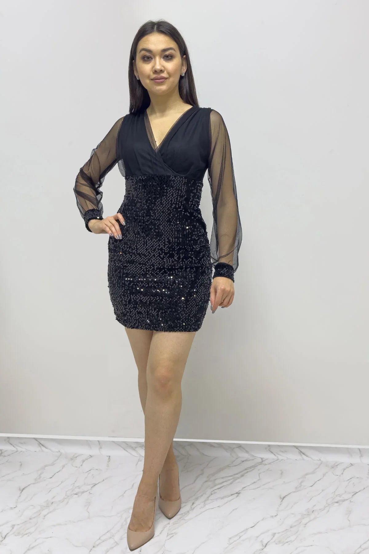 Siyah Kruvaze Yaka Payet Mini Abiye Elbise

