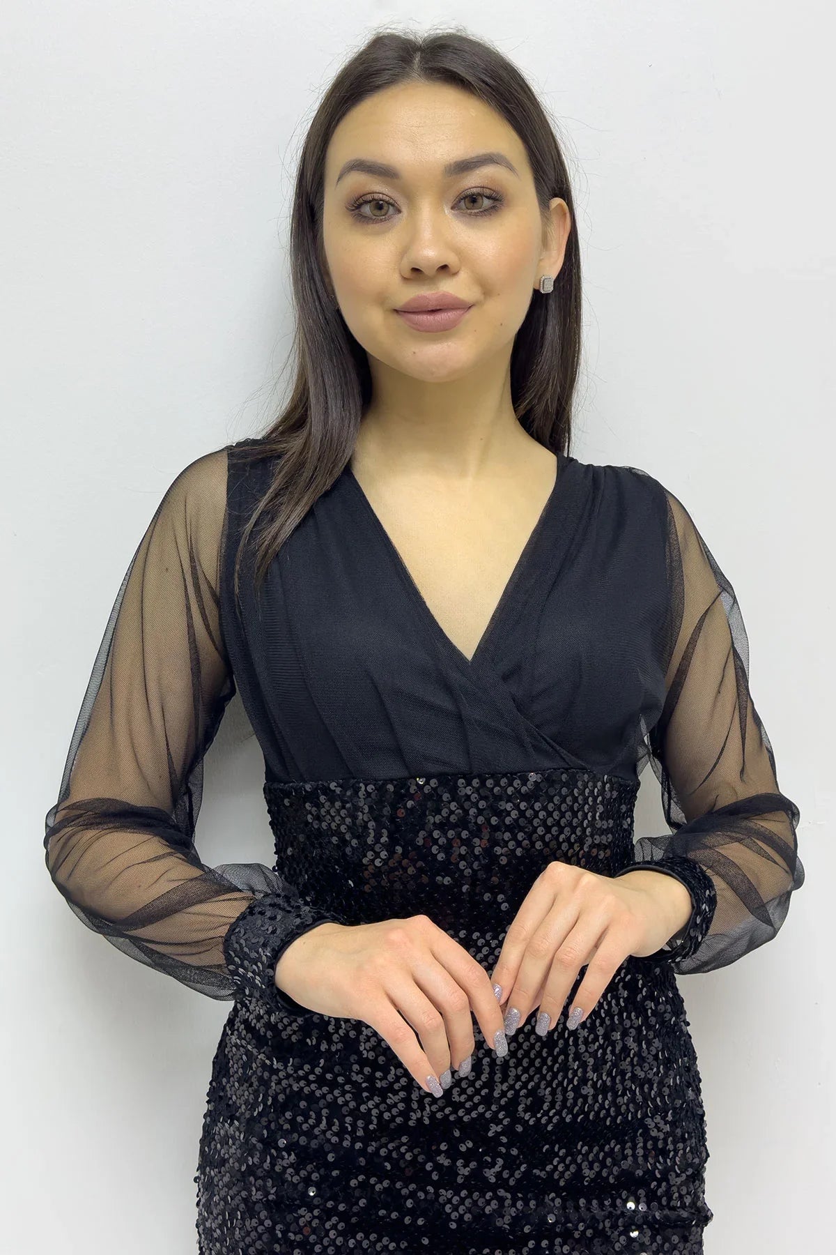 Siyah Kruvaze Yaka Payet Mini Abiye Elbise

