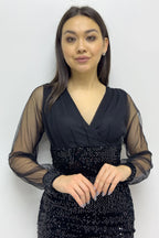 Siyah Kruvaze Yaka Payet Mini Abiye Elbise

