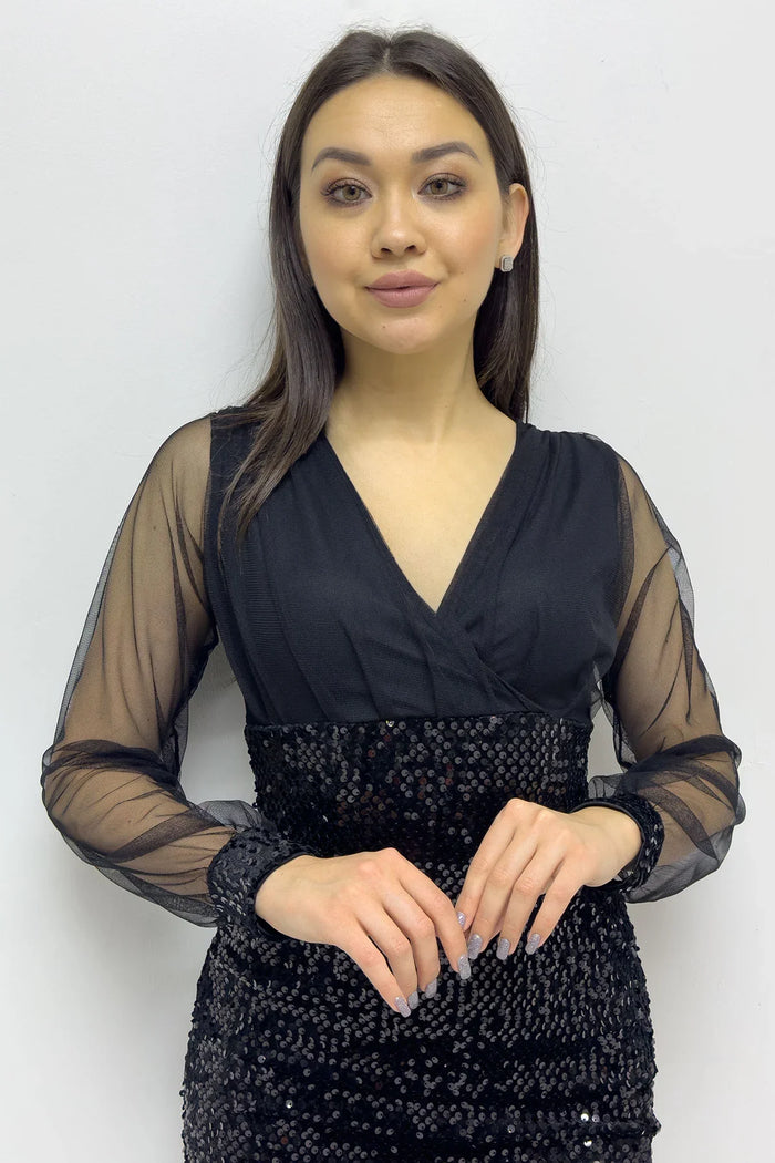 Siyah Kruvaze Yaka Payet Mini Abiye Elbise

