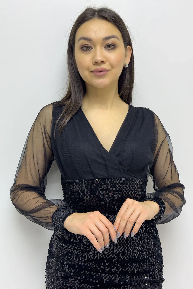 Siyah Kruvaze Yaka Payet Mini Abiye Elbise

