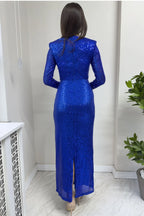 Kadın Saks Mavisi Karpuz Kol Uzun Payet Abiye Elbise