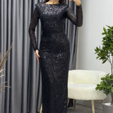 Kadın Siyah Karpuz Kol Uzun Payet Abiye Elbise