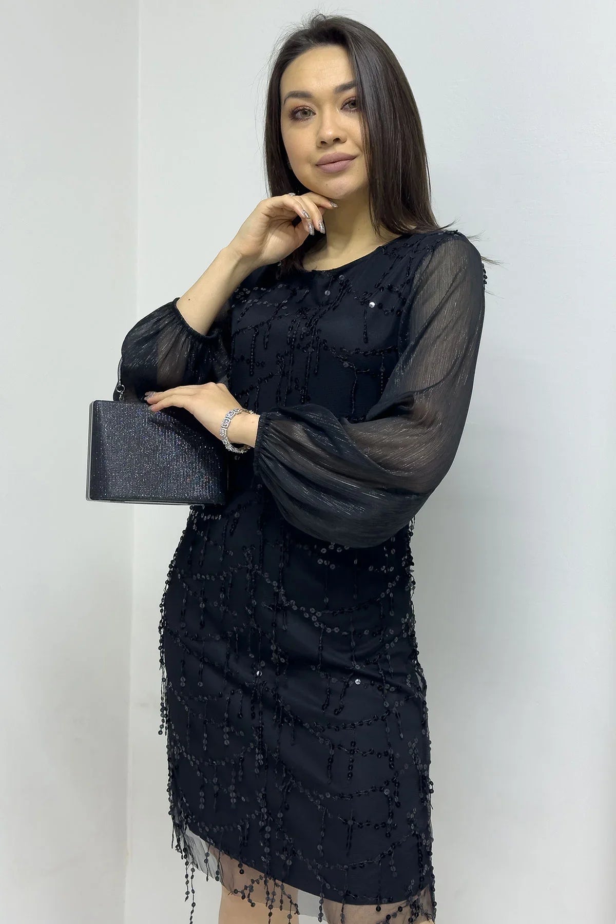 Siyah Kadın Büyük Beden Şifon Pulpayet Abiye Elbise

