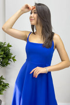 Saks Mavisi Askılı Kloş Etek Ucu Tül Detay Midi Abiye Elbise