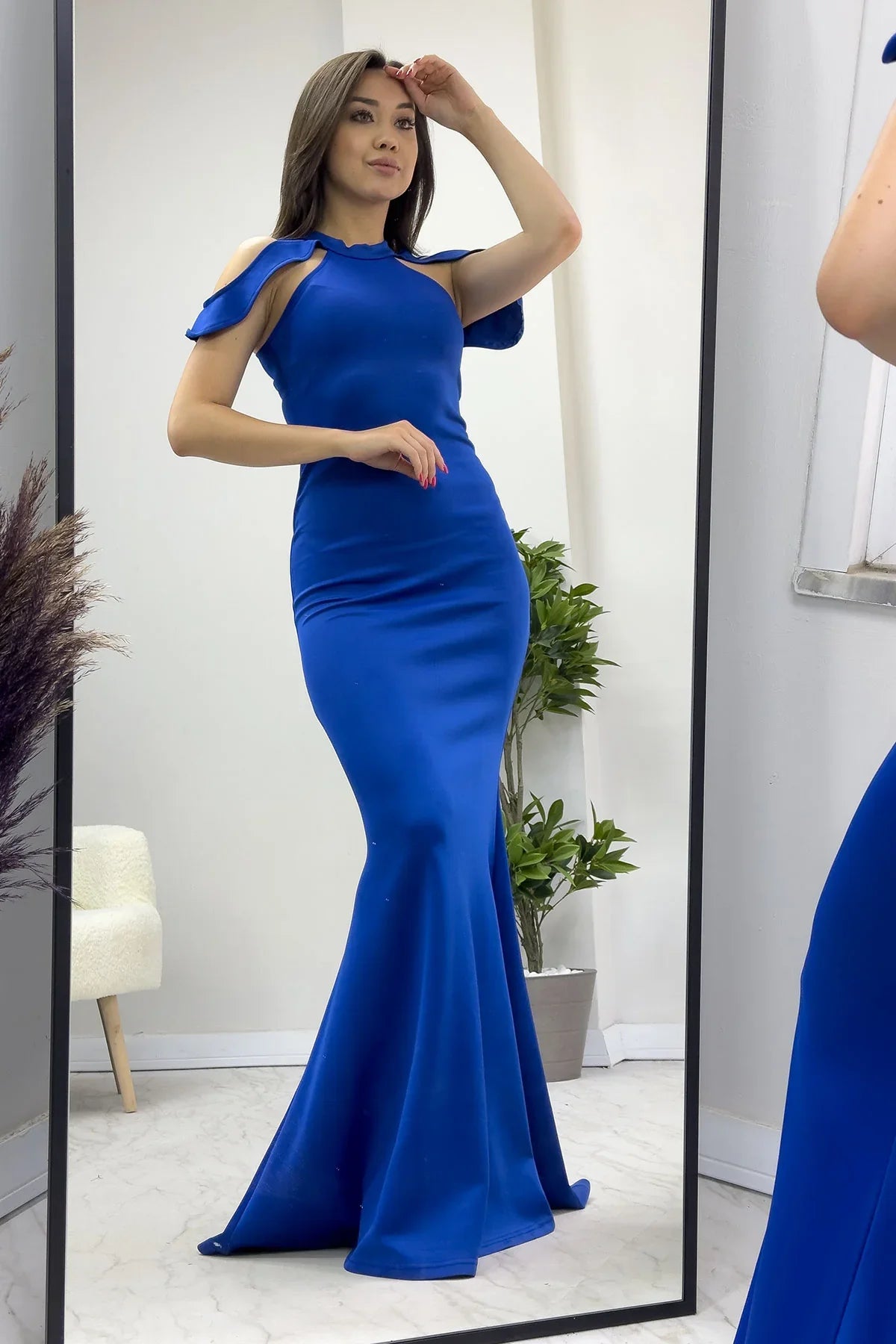 Saks Mavisi Balık Model Abiye Elbise