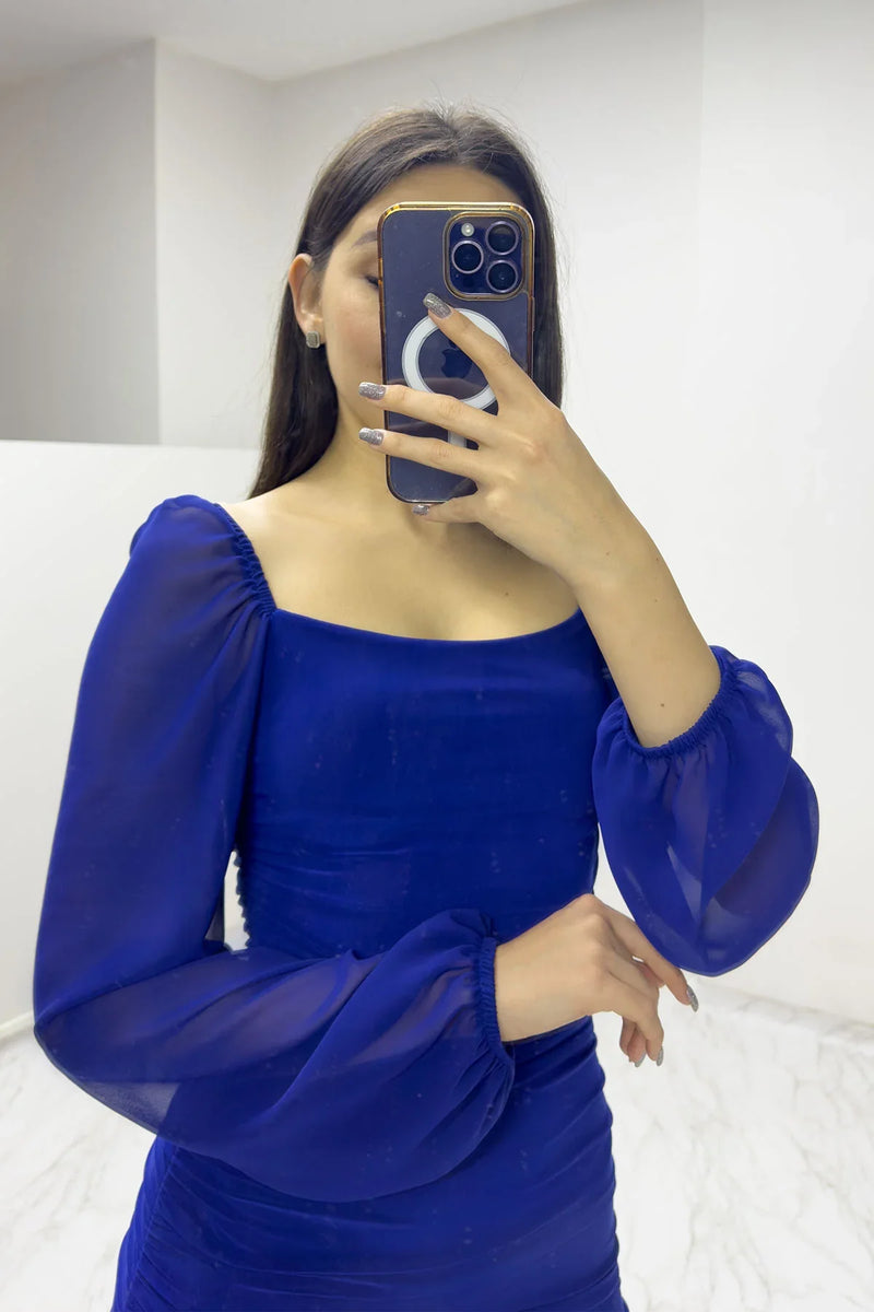 Saks Mavisi Kare Yaka Drapeli Elbise

