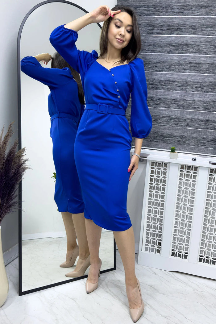 Saks Kemerli Düğme Detay Balon Kol Kalem Elbise