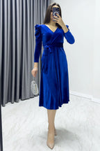 Saks Kadın Karpuz Kol Kruvaze Kadife Kuşaklı Büyük Beden Elbise

