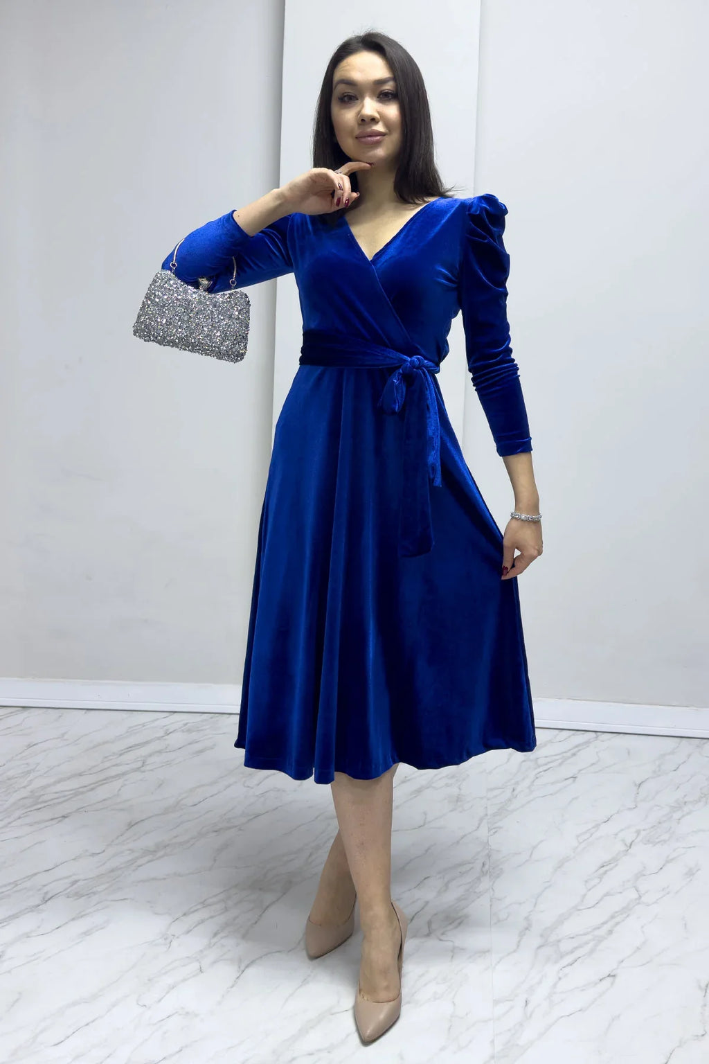 Saks Kadın Karpuz Kol Kruvaze Kadife Kuşaklı Büyük Beden Elbise

